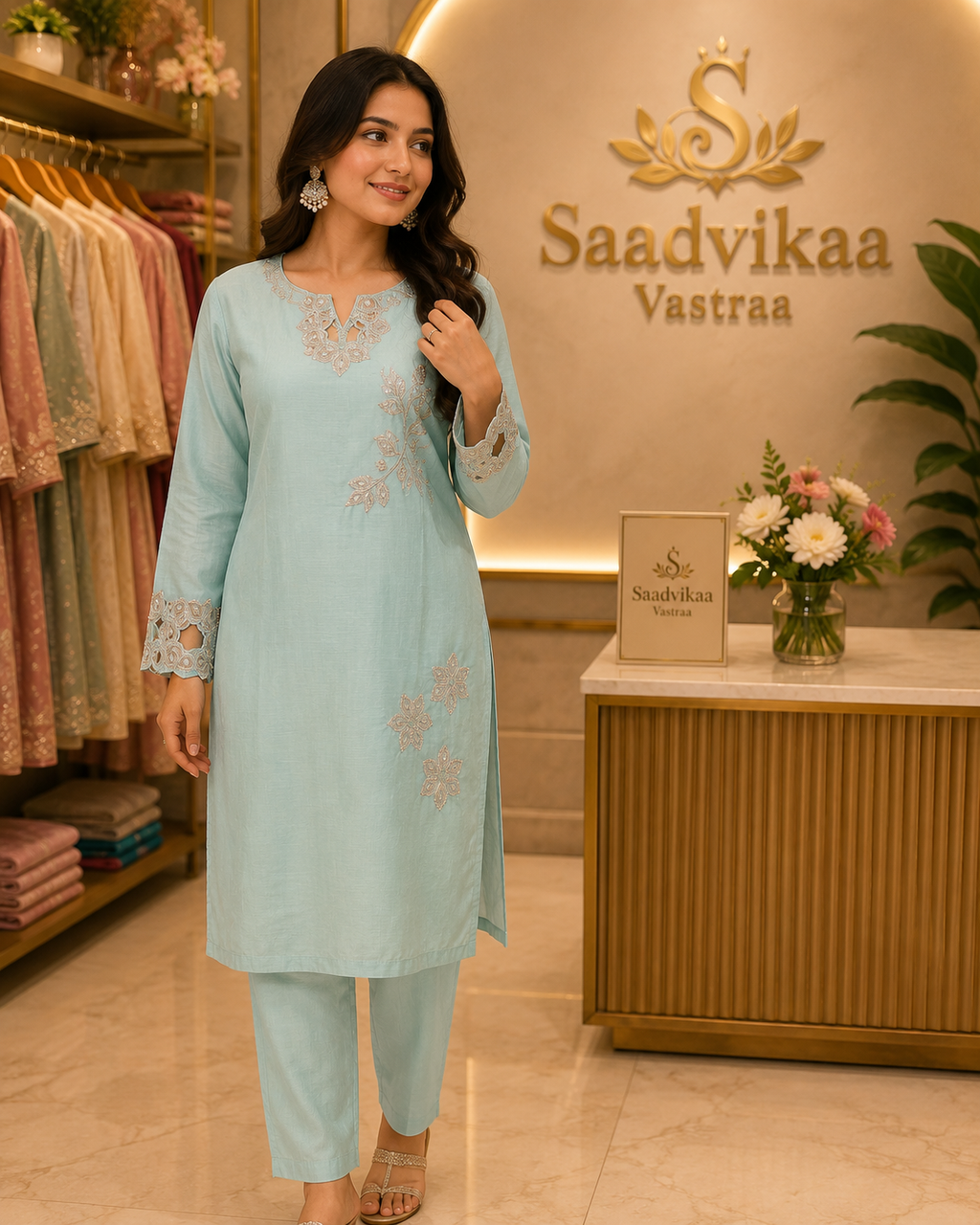Mint Green Floral Embroidered Kurti Set