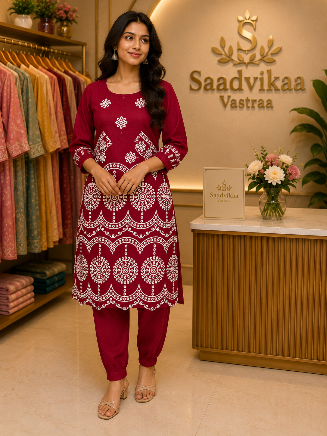Maroon Printed Kurti Set