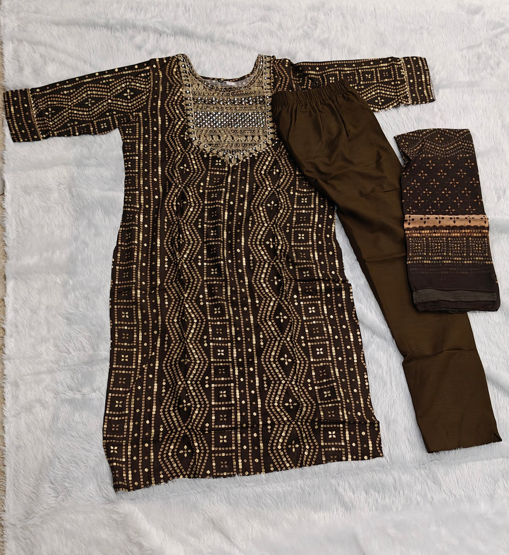 Brown Printed 3-Piece Cotton Set