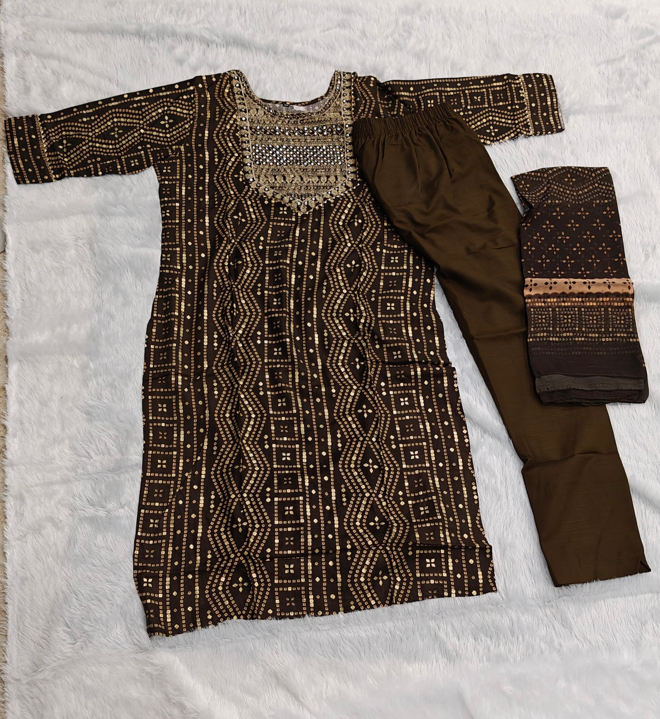 Brown Printed 3-Piece Cotton Set
