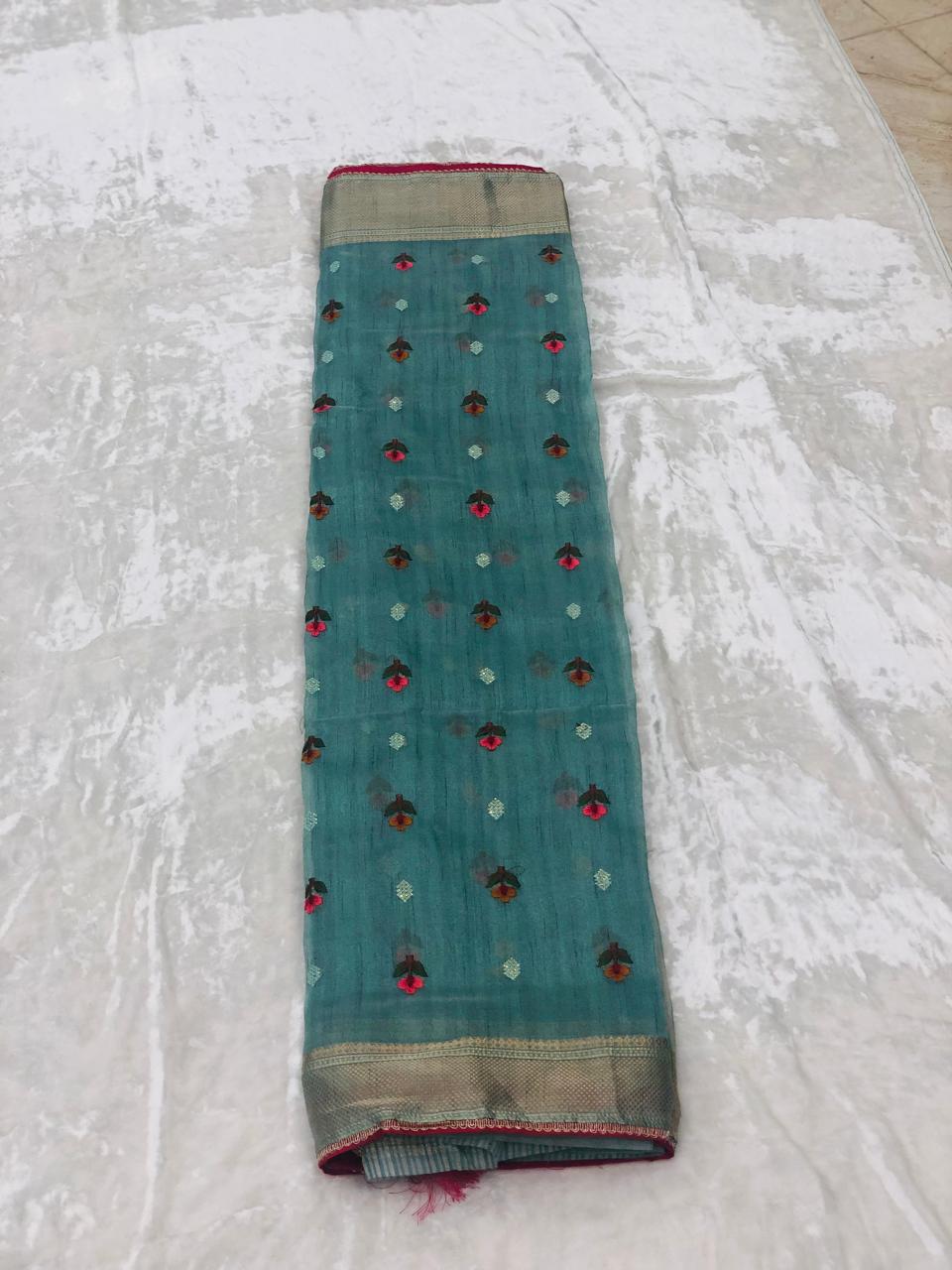 Organza saree with floral  embroidery work