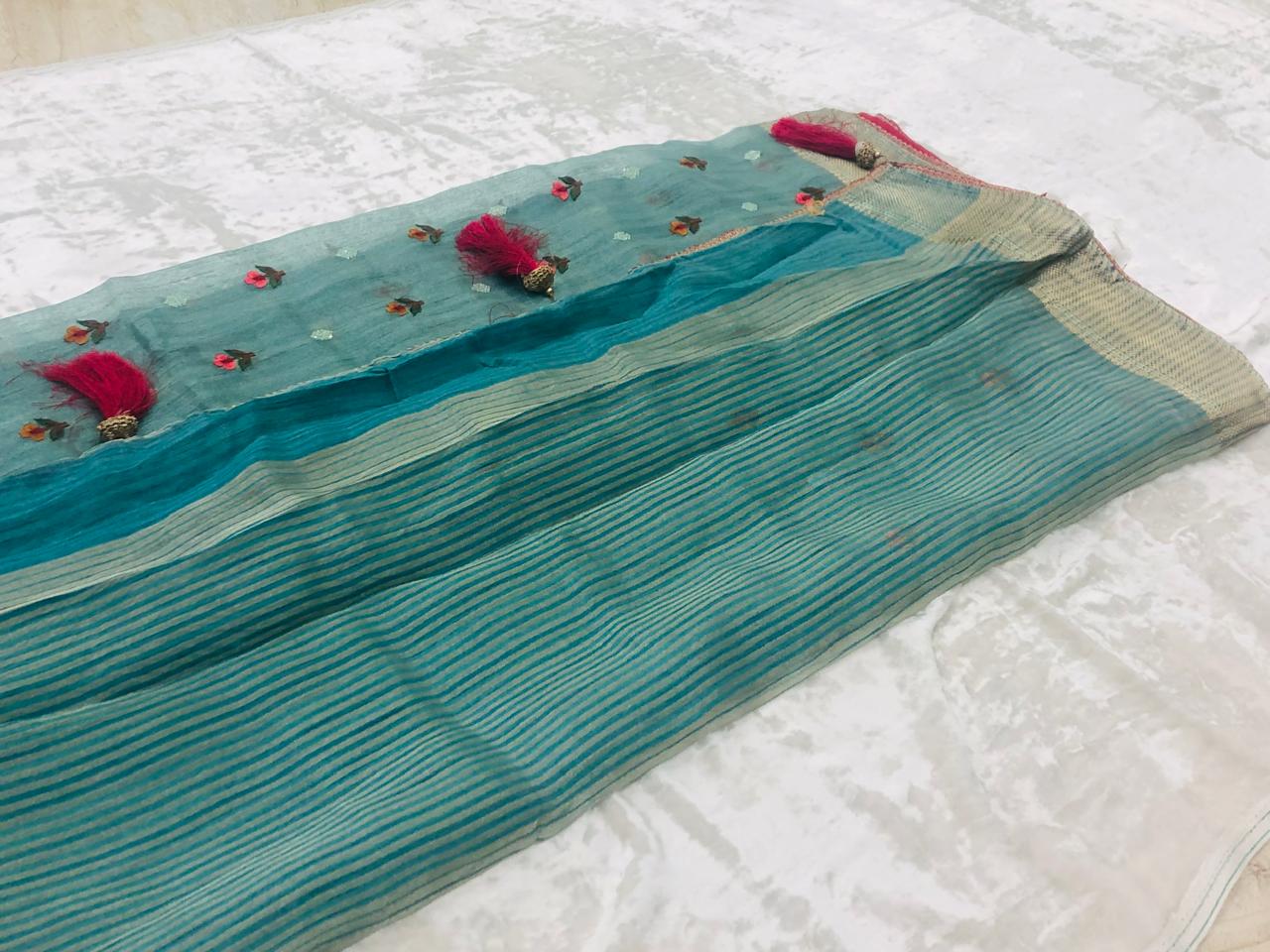 Organza saree with floral  embroidery work