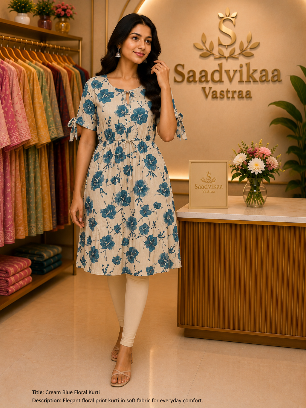 Cream Blue Floral Dress
